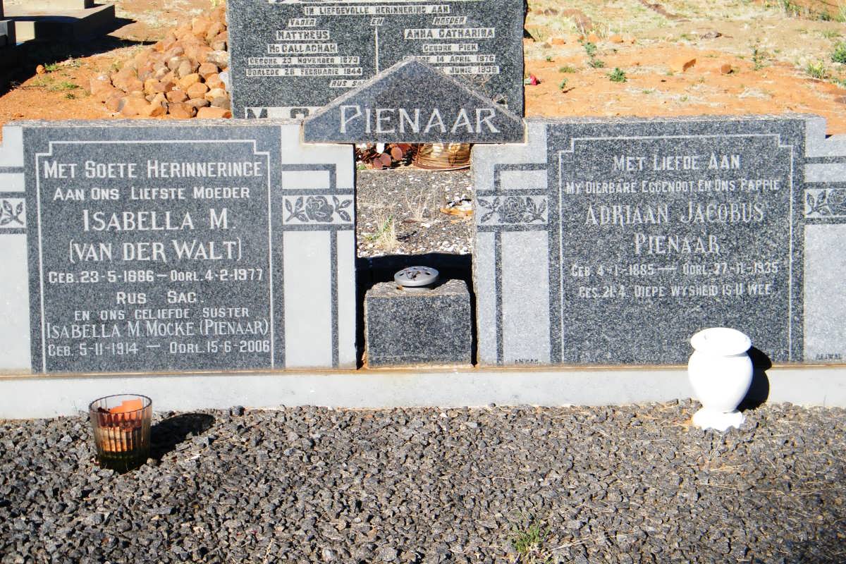 PIENAAR Adriaan Jacobus 1885-1935 &amp; Isabella M. VAN DER WALT 1886-1977 :: MOCKE Isabella M. nee PIENAAR 1914-2006