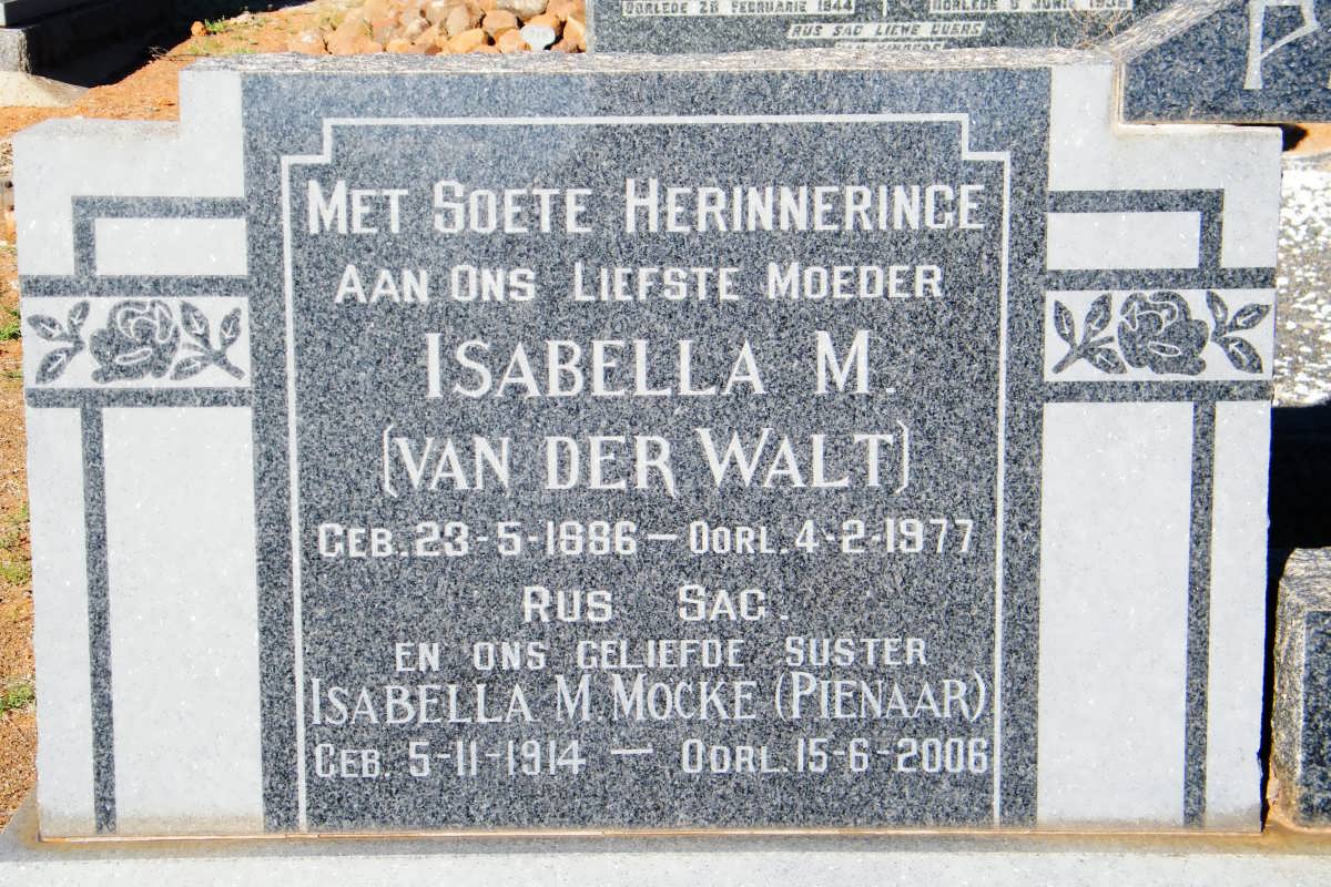 PIENAAR Adriaan Jacobus 1885-1935 &amp; Isabella M. VAN DER WALT 1886-1977 :: MOCKE Isabella M. nee PIENAAR 1914-2006