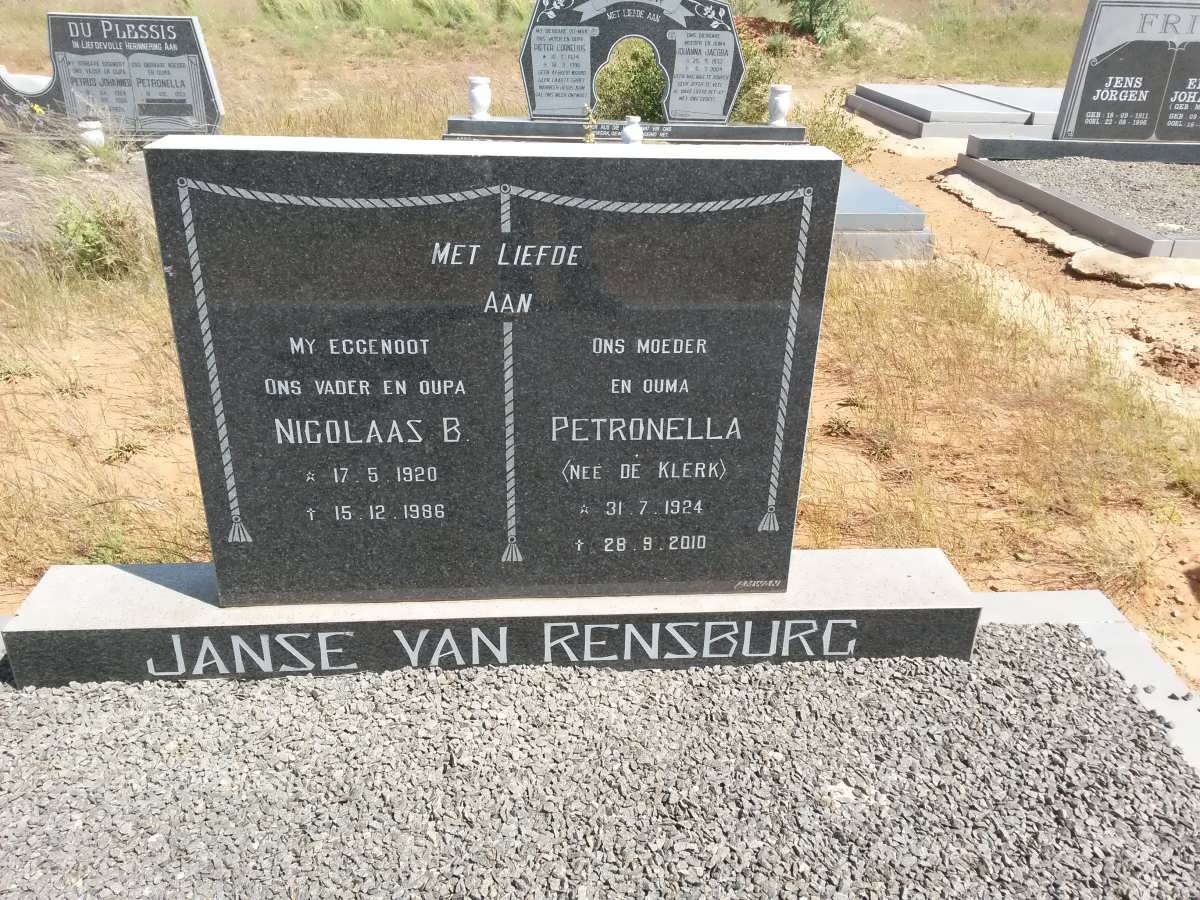 RENSBURG Nicolaas B., Janse van 1920-1986 &amp; Petronella DE KLERK 1924-2010