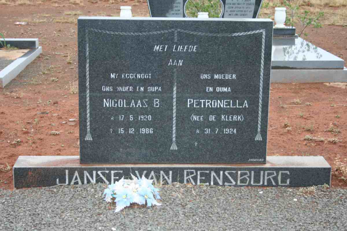 RENSBURG Nicolaas B., Janse van 1920-1986 &amp; Petronella DE KLERK 1924-