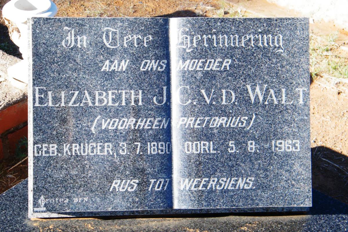 WALT Elizabeth J.C., v.d. voorheen PRETORIUS nee KRUGER 1890-1963