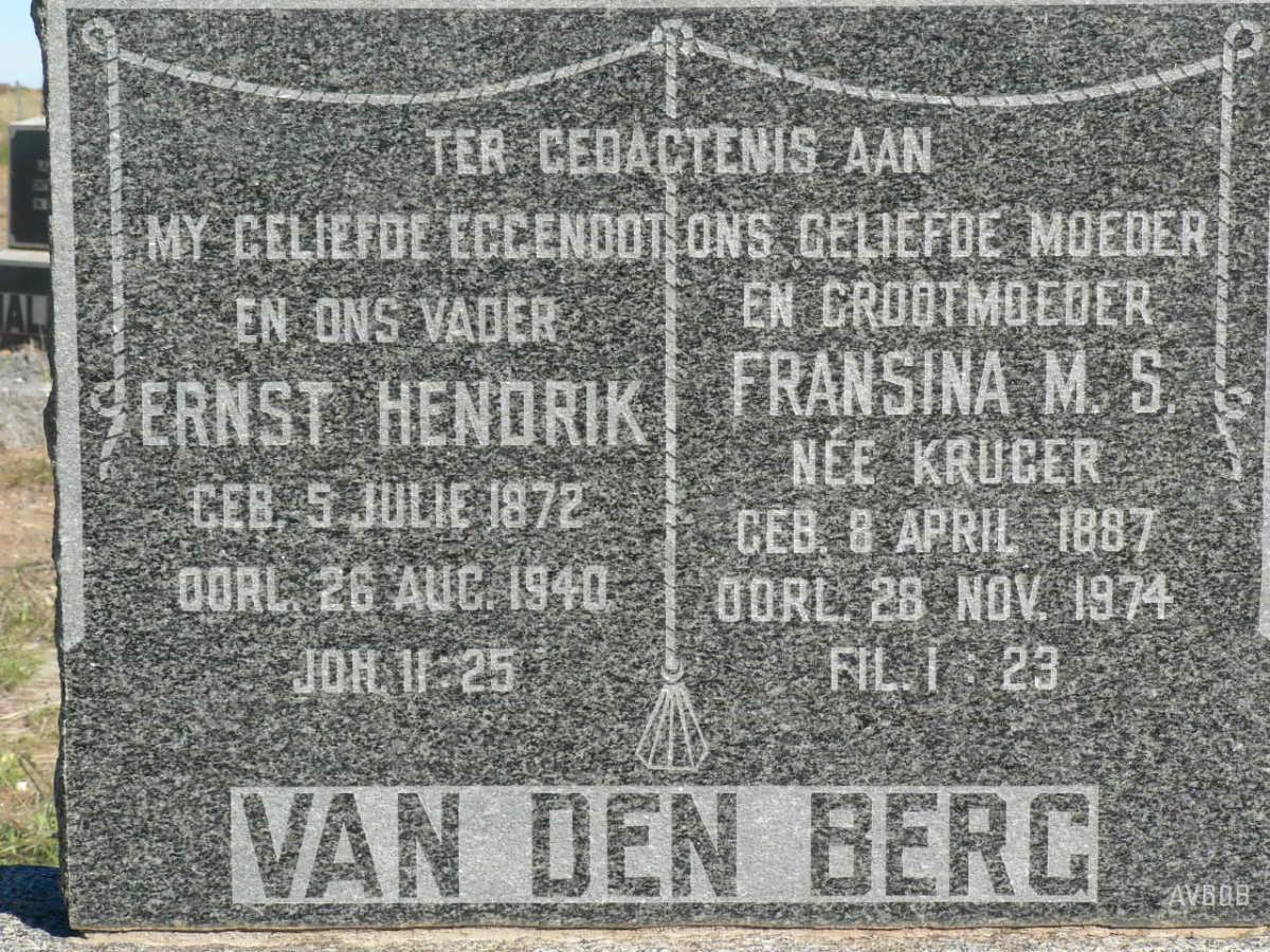 BERG Ernst Hendrik, van den 1872-1940 &amp; Fransina M.S. KRUGER 1887-1974