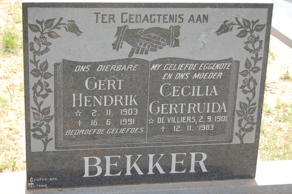 BEKKER Gert Hendrik 1903-1991 &amp; Cecilia Gertruida DE VILLIERS 1901-1983