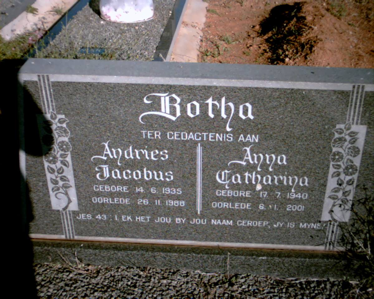 BOTHA Andries Jacobus 1935-1988 &amp; Anna Catharina 1940-2001