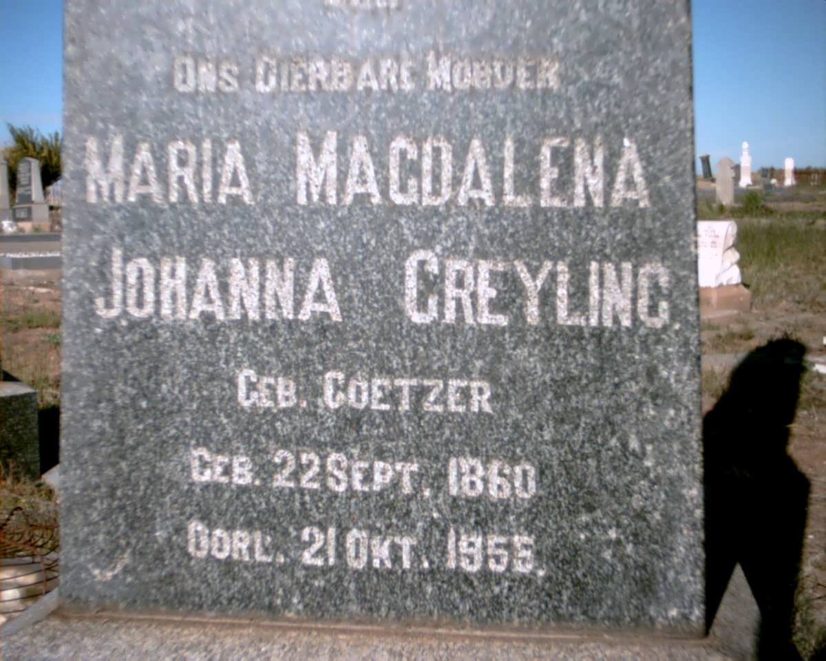GREYLING Maria Magdalena Johanna nee COETZER 1860-1955