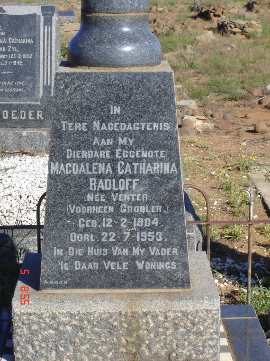 RADLOFF Magdalena Catharina voorheen GROBLER nee VENTER 1904-1953