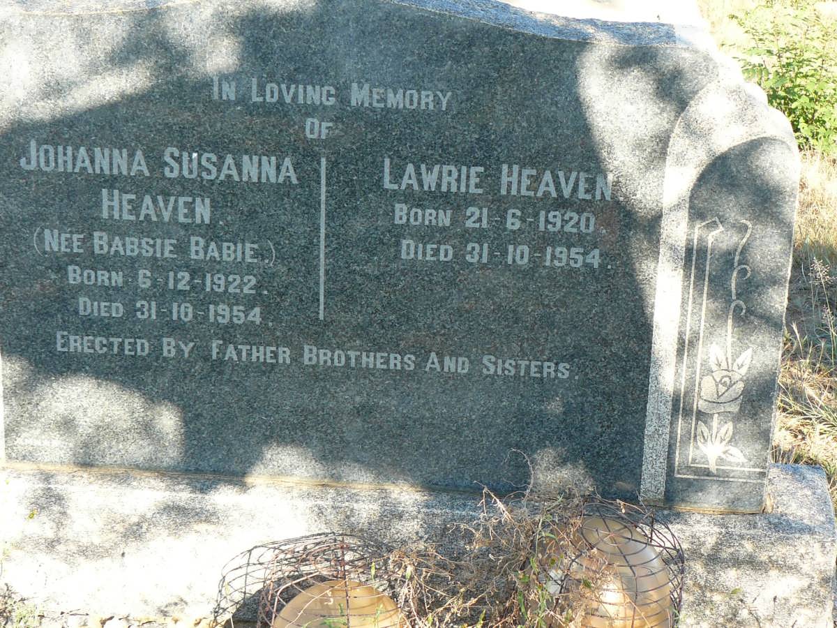 HEAVEN Lawrie 1920-1954 &amp; Johanna Susanna nee BABSIE BABIE 1922-1954