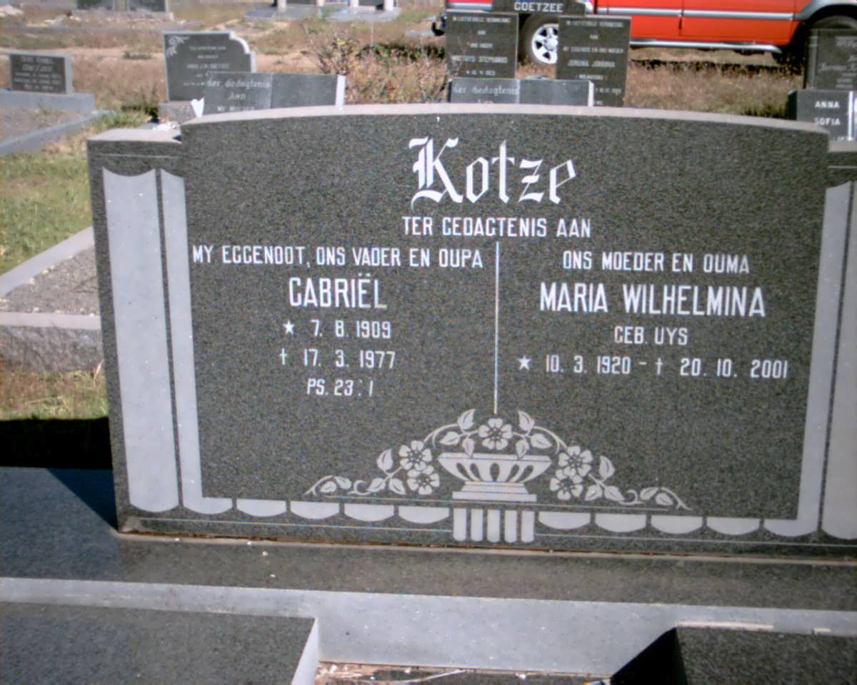 KOTZE Gabriel 1909-1977 &amp; Maria Wilhelmina UYS 1920-2001