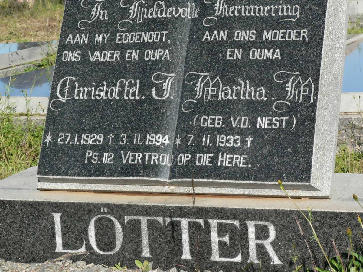 LÖTTER Christoffel J. 1929-1994 &amp; Martha M. V.D. NEST 1933-