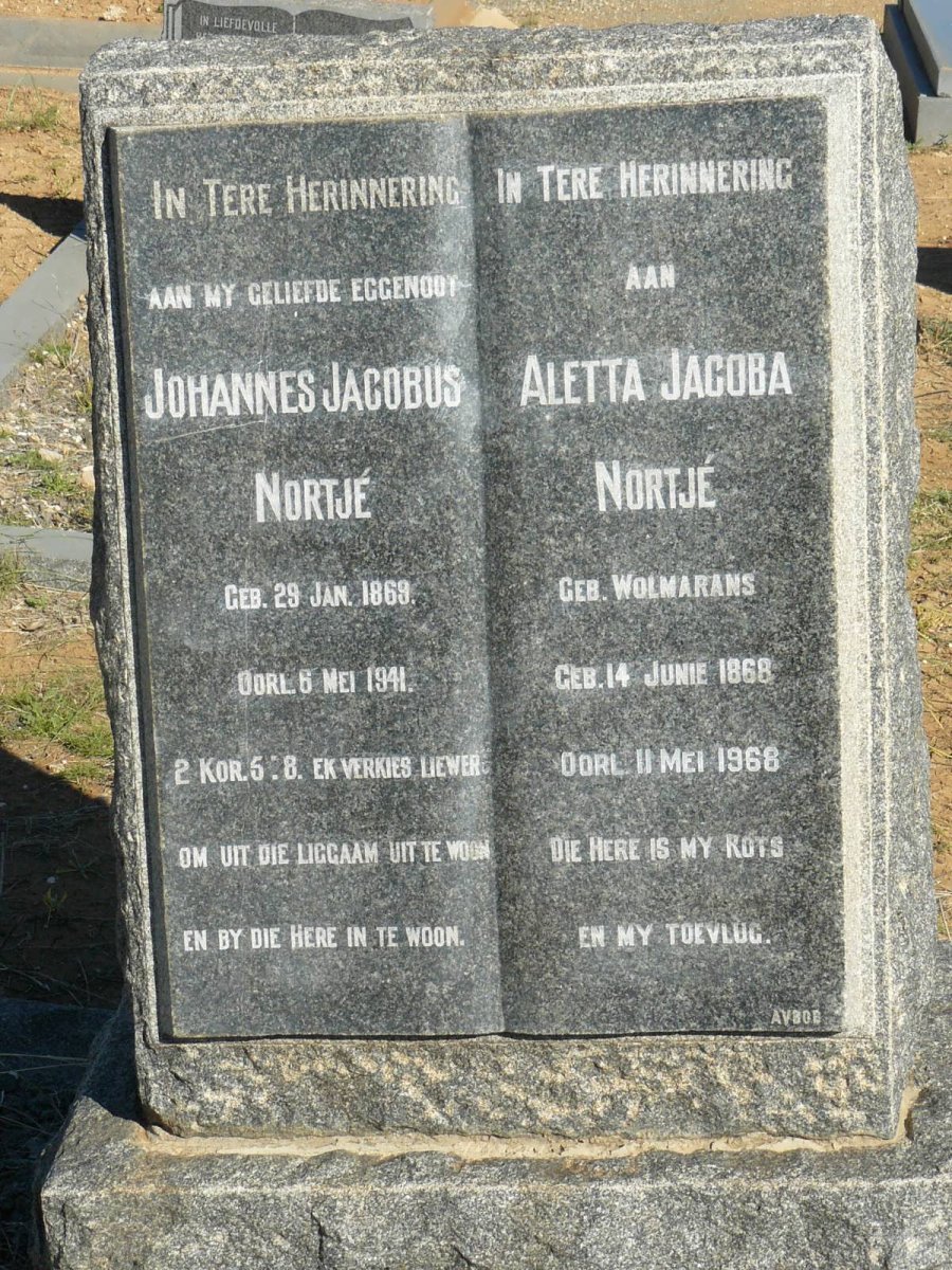 NORTJÉ Johannes Jacobus 1869-1941 &amp; Aletta Jacoba WOLMARANS 1868-1968