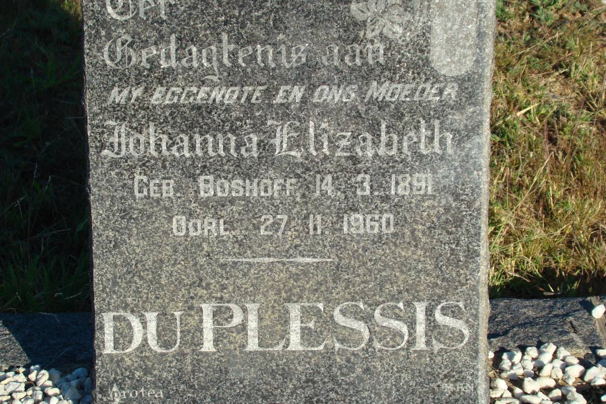 PLESSIS Johanna Elizabeth, du nee BOSHOFF 1891-1960