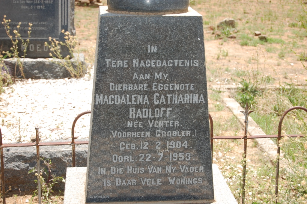 RADLOFF Magdalena Catharina voorheen GROBLER nee VENTER 1904-1953