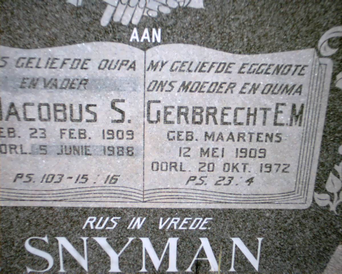 SNYMAN Jacobus S. 1909-1988 &amp; Gerbrecht E.M. MAARTENS 1909-1972