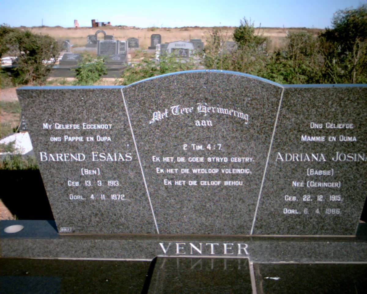 VENTER Barend Esias 1913-1972 &amp; Adriana Josina GERINGER 1915-1986