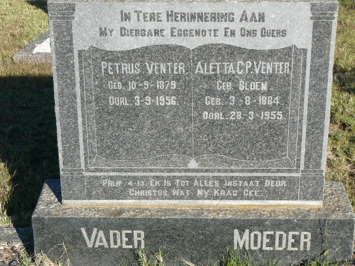 VENTER Petrus 1879-1956 &amp; Aletta C.P. BLOEM 1884-1955