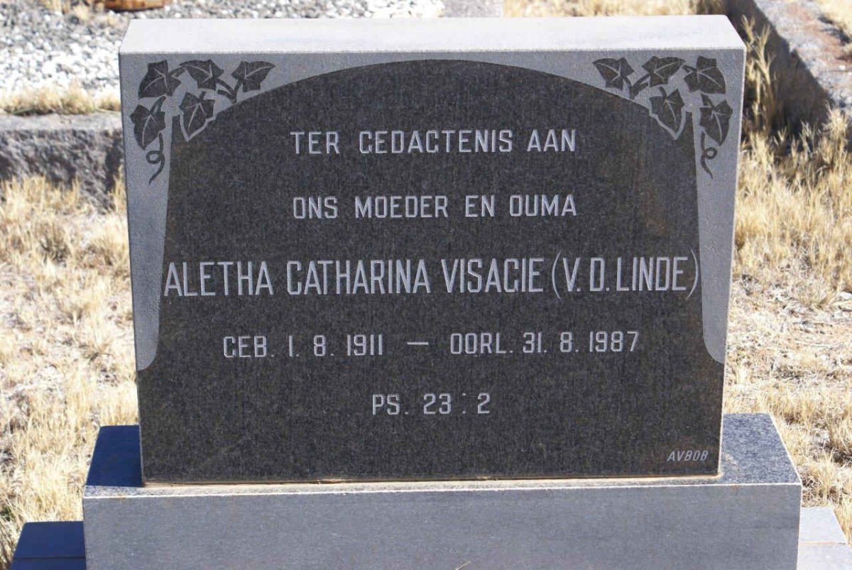 VISAGIE Aletha Catharina nee V.D. LINDE 1911-1987