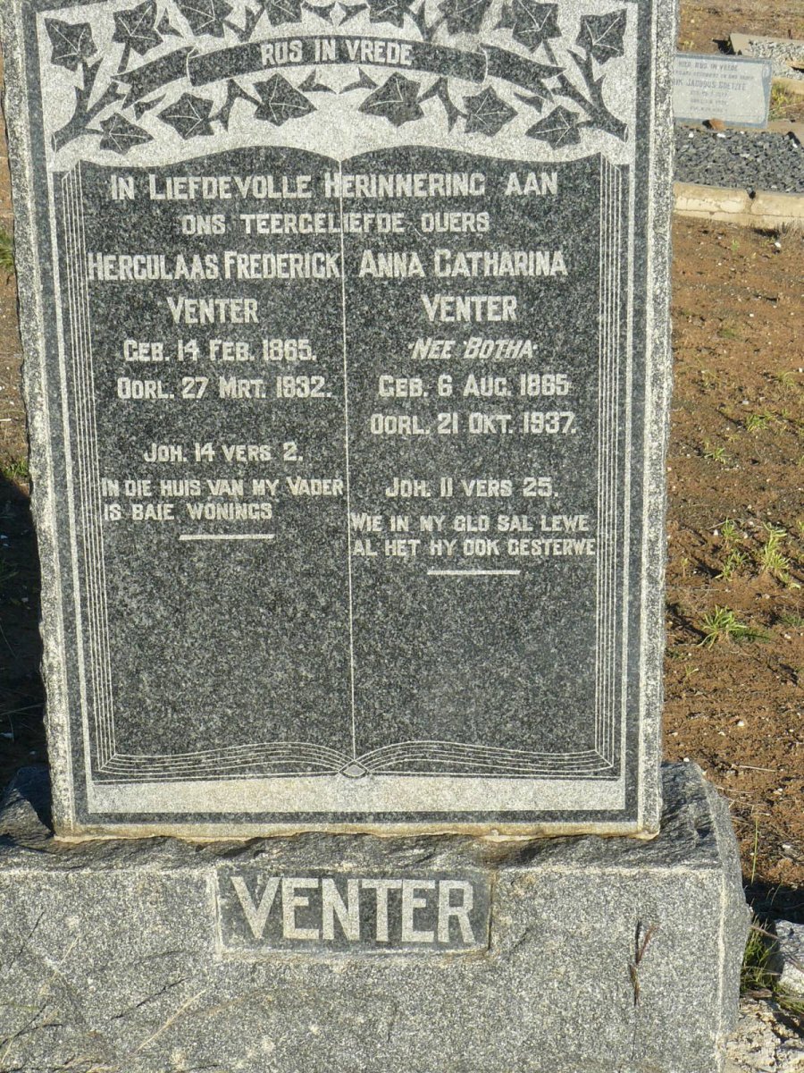 VENTER Herculaas Frederick 1865-1932 &amp; Anna Catharina BOTHA 1865-1937