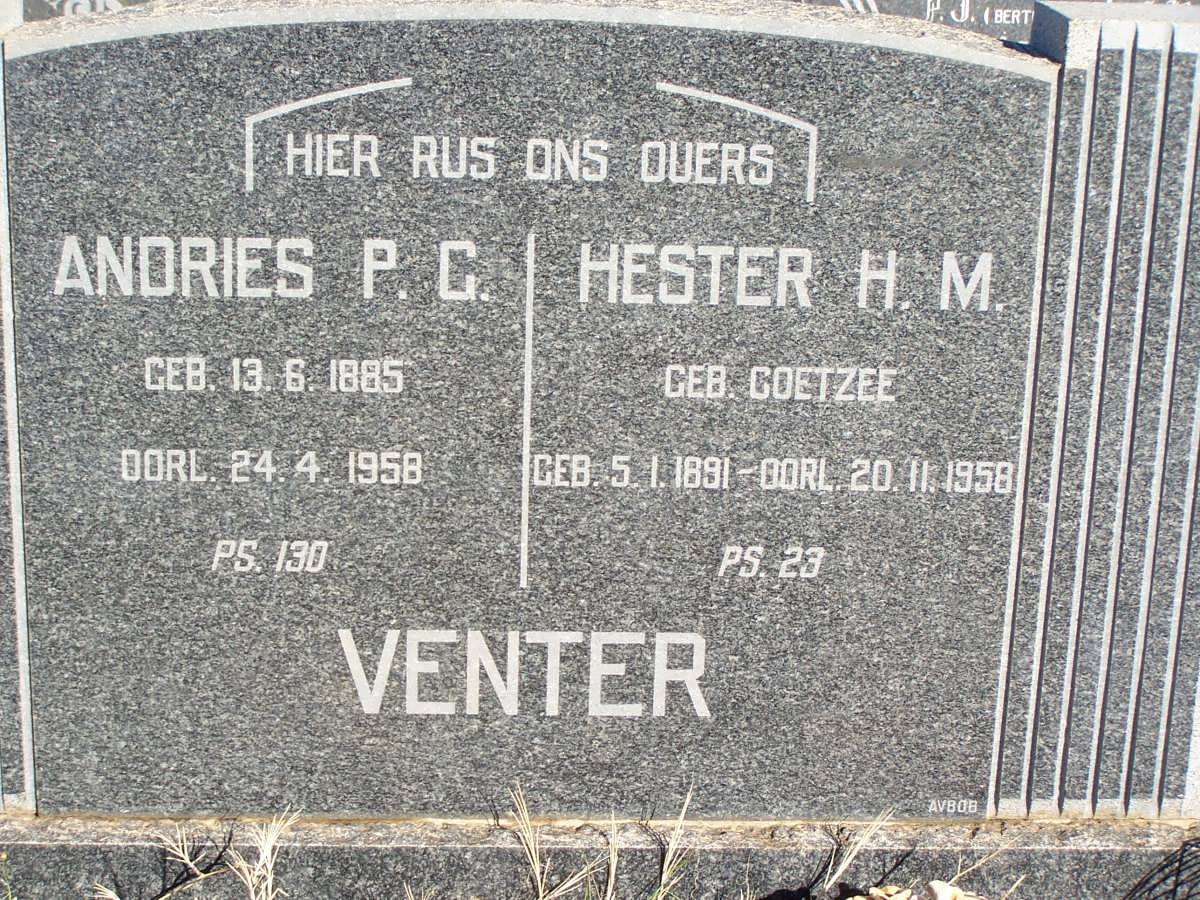 VENTER Andries P.C. 1885-1958 &amp; Hester H.M. COETZEE 1891-1958