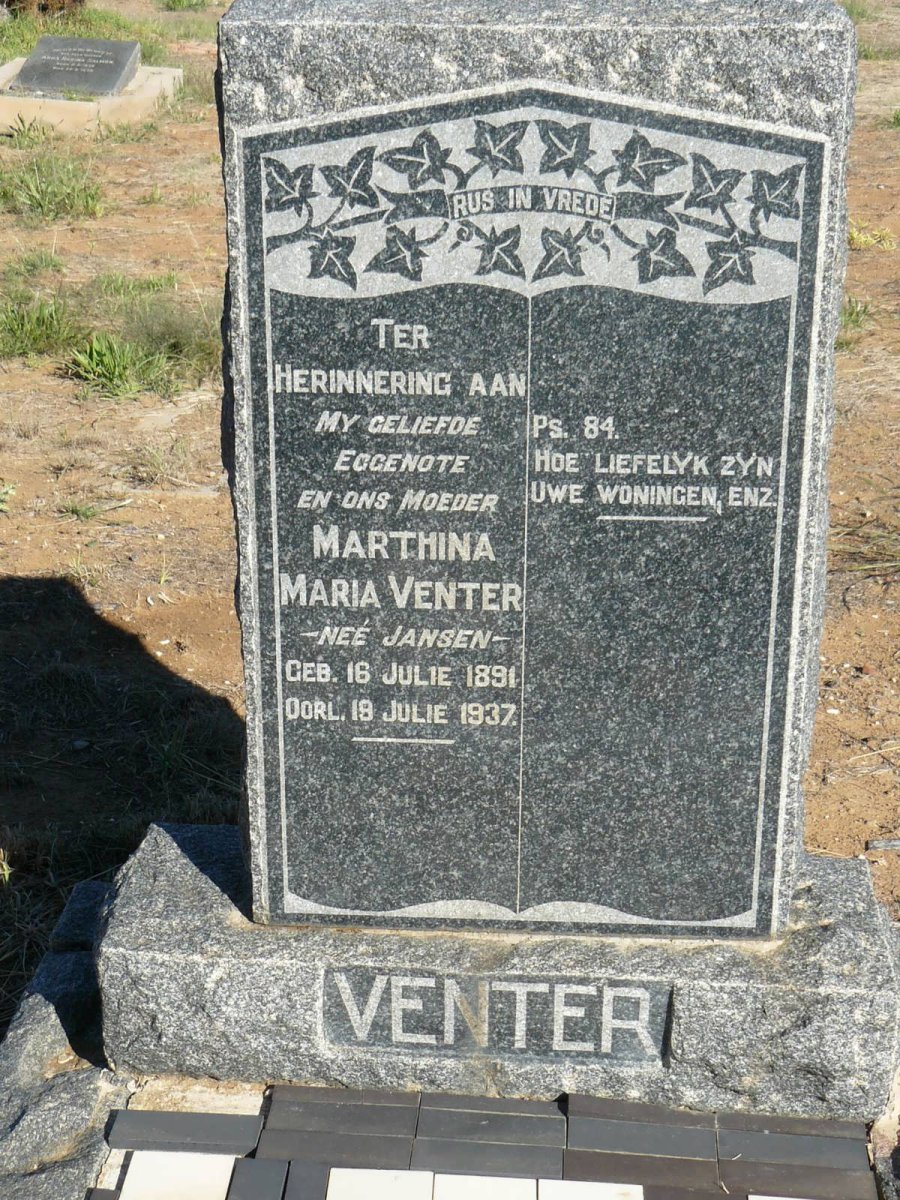VENTER Marthina Maria nee JANSEN 1891-1937