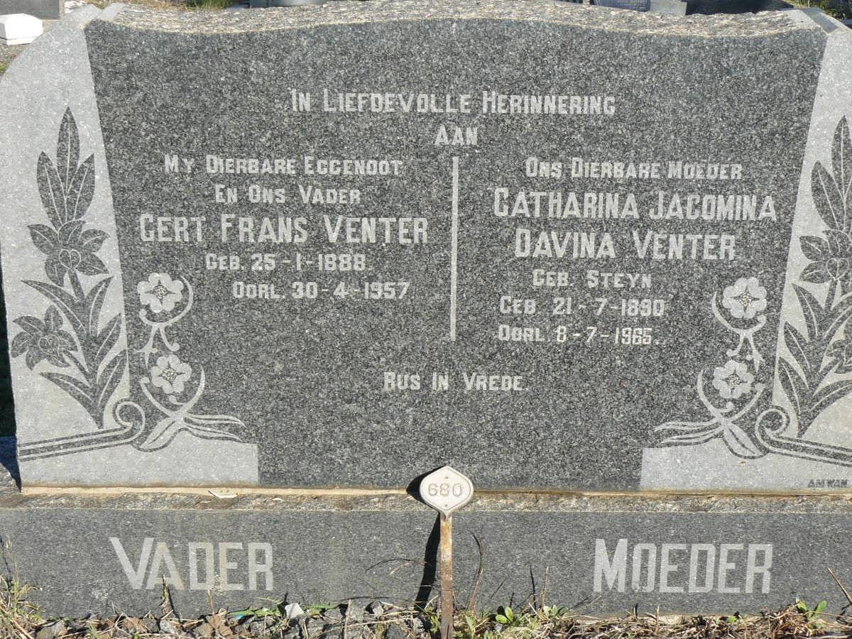 VENTER Gert Frans 1888-1957 &amp; Catharina Jacomina Davina STEYN 1890-1965