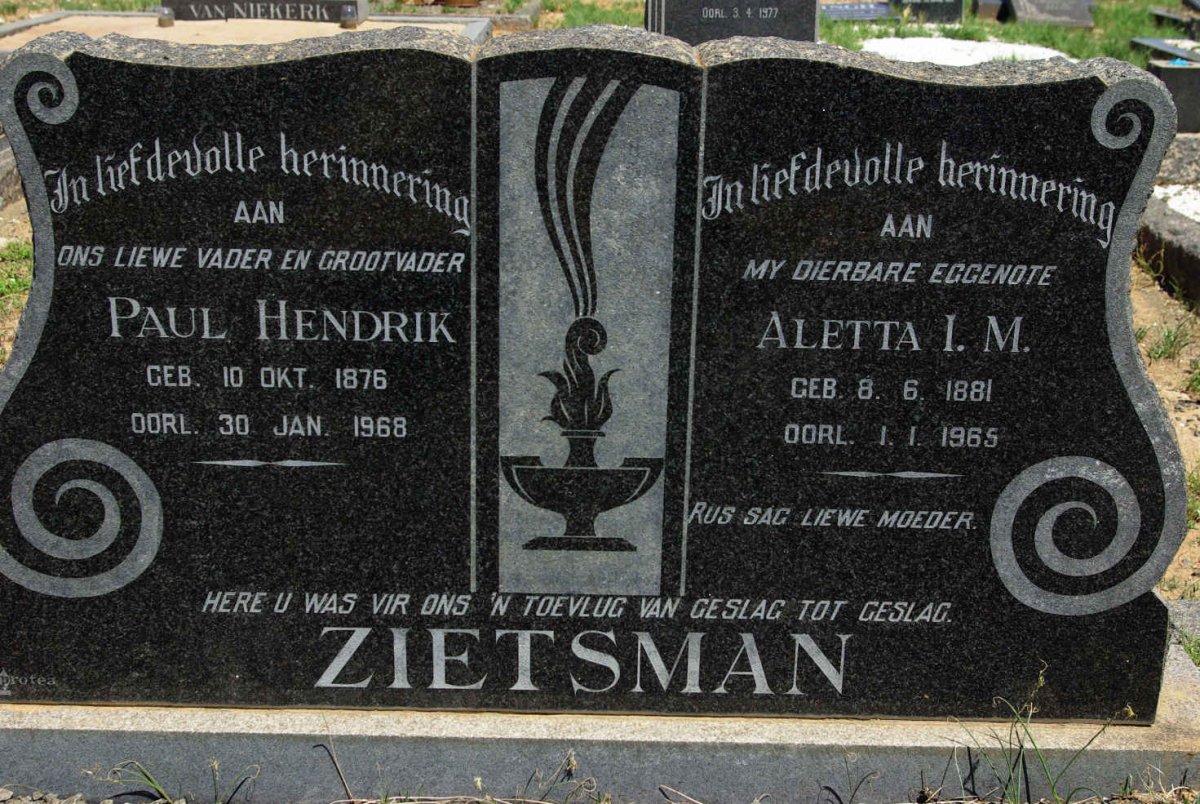 ZIETSMAN Paul Hendrik 1876-1968 &amp; Aletta I.M. 1881-1965