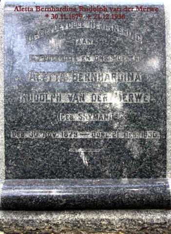 MERWE Aletta Bernhardina Rudolph, van der nee SNYMAN 1879-1930