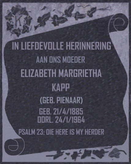 KAPP Elizabeth Margrietha nee PIENAAR 1885-1964