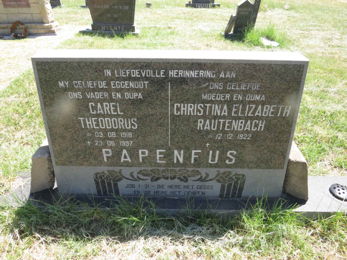 PAPENFUS Carel Theodorus 1918-1997 & Christina Elizabeth Rautenbach 1922-