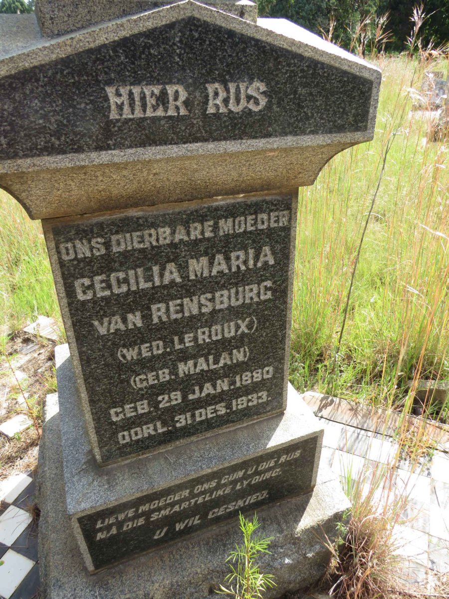 RENSBURG Cecilia Maria, van voorheen LE ROUX nee MALAN 1880-1933