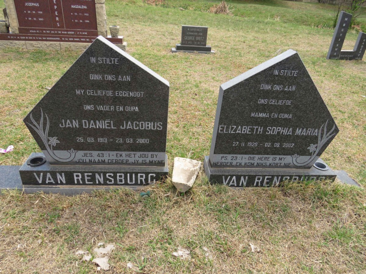 RENSBURG Jan Daniel Jacobus, van 1913-2000 & Elizabeth Sophia Maria 1929-2002