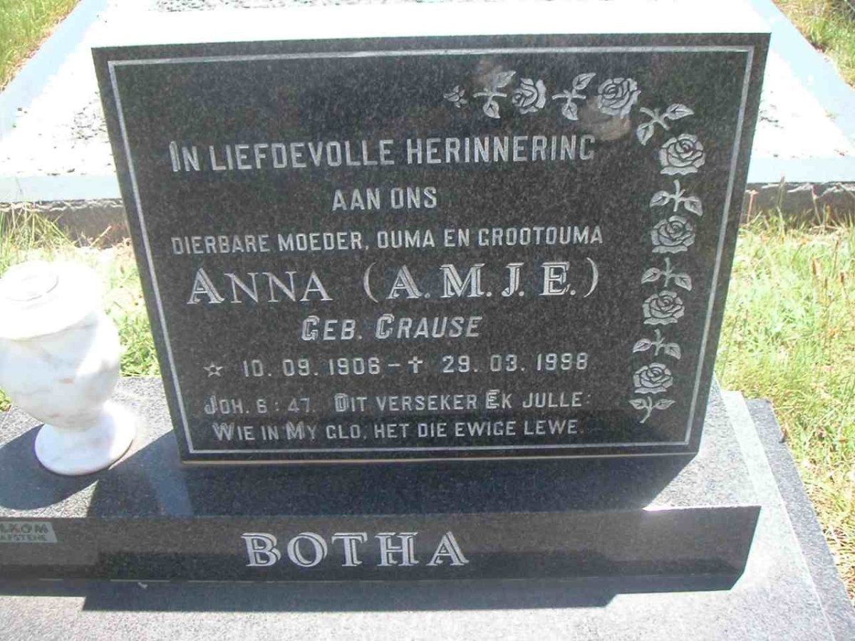 BOTHA A.M.J.E. nee CRAUSE 1906-1998