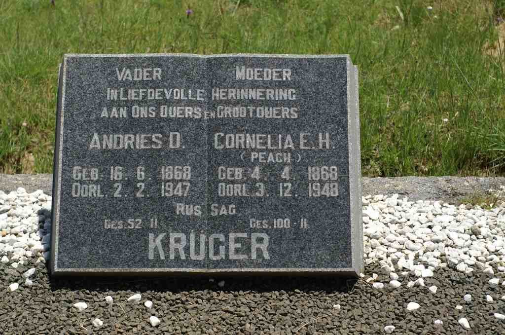 KRUGER Andries D. 1868-1947 &amp; Cornelia E.H. PEACH 1868-1948