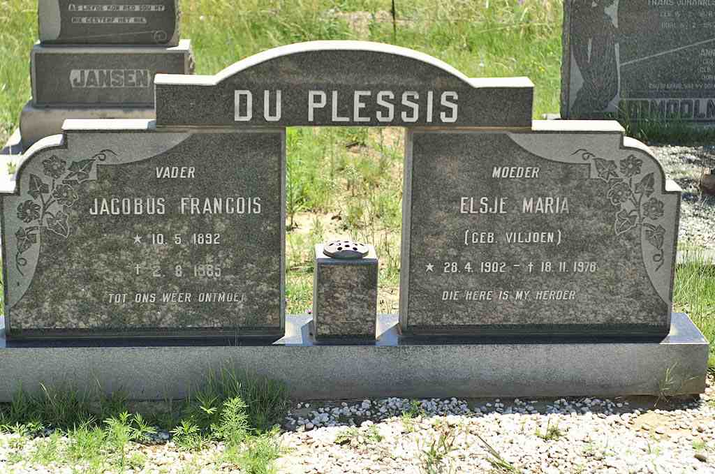 PLESSIS Jacobus Francois, du 1892-1985 &amp; Elsje Maria VILJOEN 1902-1978