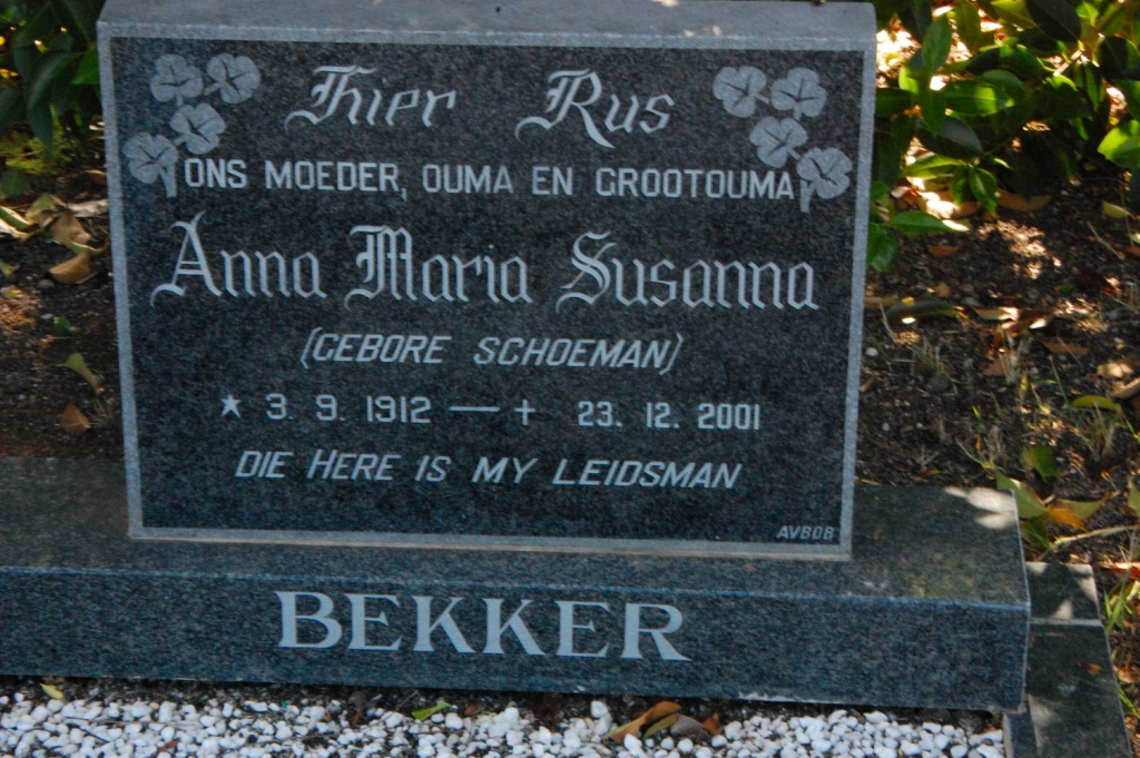 BEKKER Anna Maria Susanna nee SCHOEMAN 1912-2001