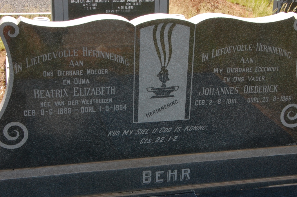 BEHR Johannes Diederick 1881-1966 &amp; Beatrix Elizabeth VAN DER WESTHUIZEN 1888-1984