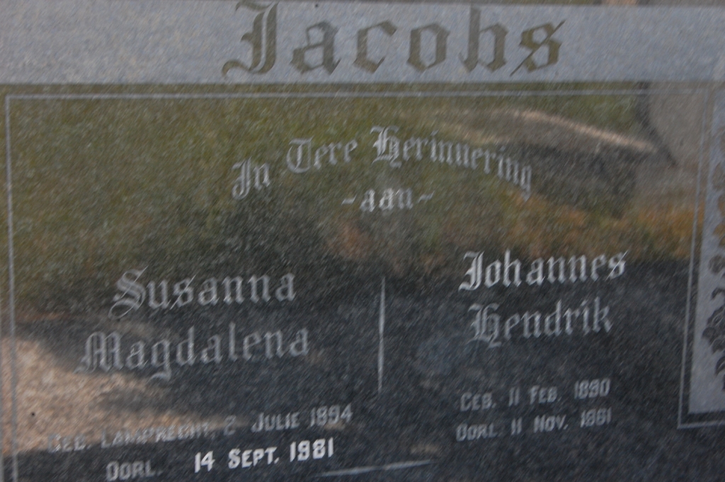 JACOBS Johannes Hendrik 1890-1961 &amp; Susanna Magdalena 1894-1981