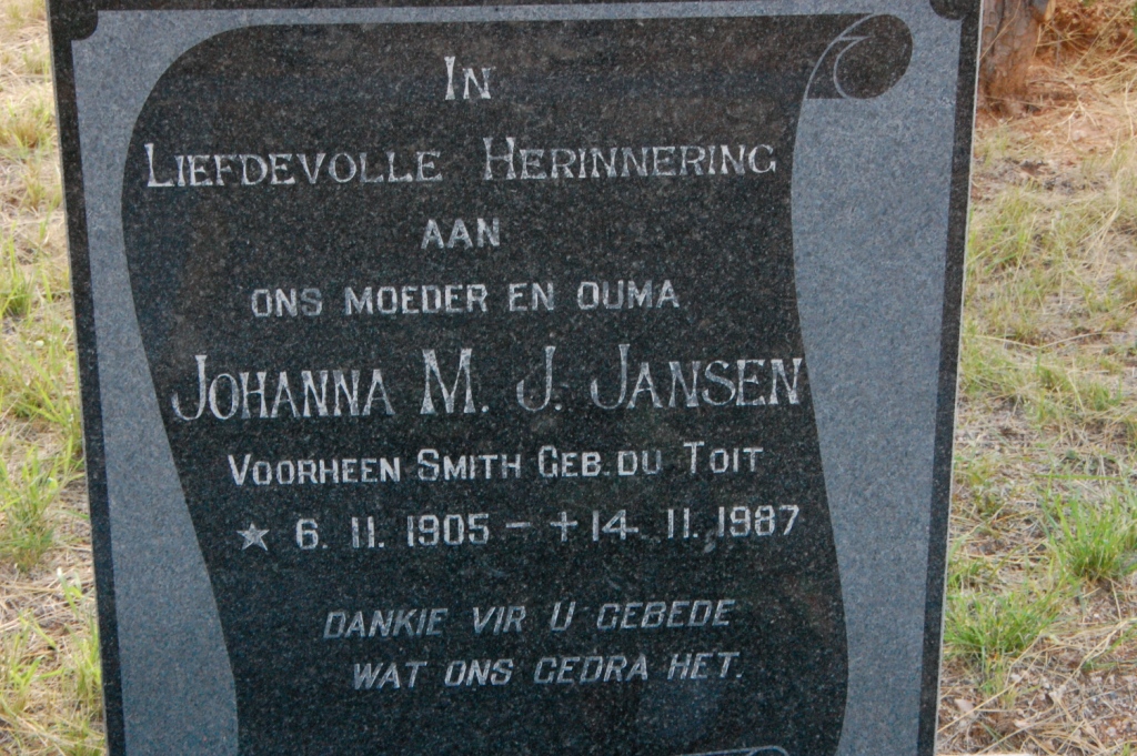 JANSEN Johanna M.J. voorheen SMITH nee DU TOIT 1905-1987