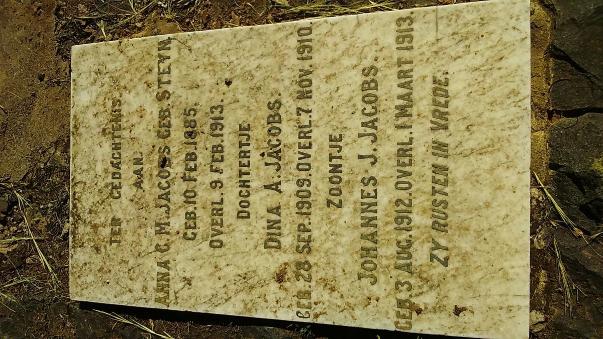 JACOBS Anna C.M. nee STEYN 1885-1913 :: JACOBS Dina A. 1909-1910 :: JACOBS Johannes J. 1912-1913