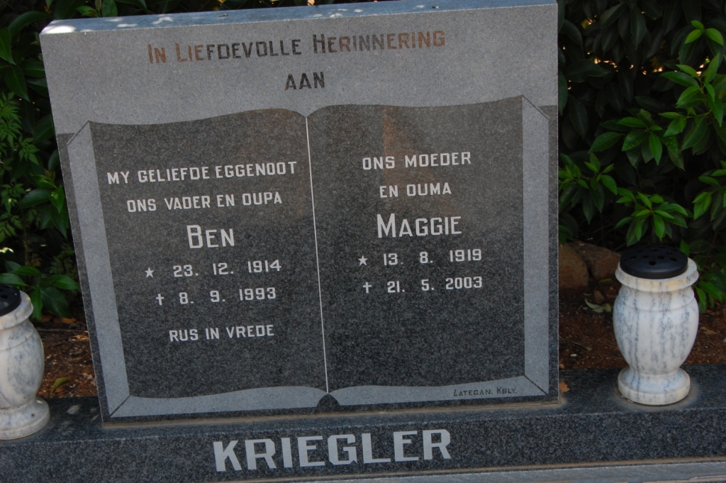 KRIEGLER Ben 1914-1993 &amp; Maggie 1919-2003