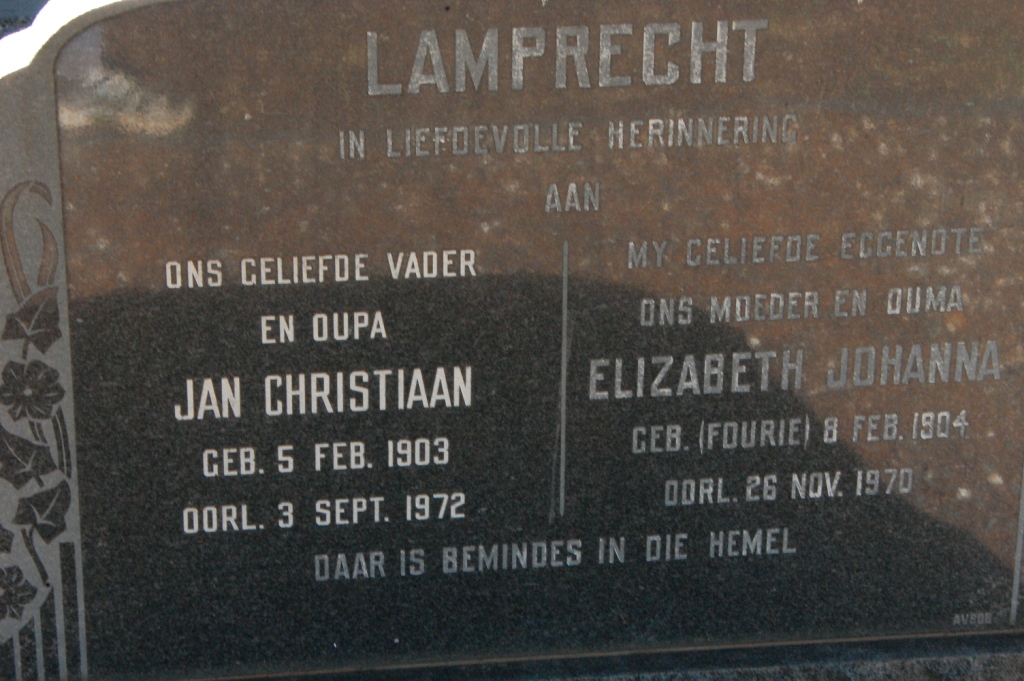 LAMPRECHT Jan Christiaan 1903-1972 &amp; Elizabeth Johanna FOURIE 1904-1970