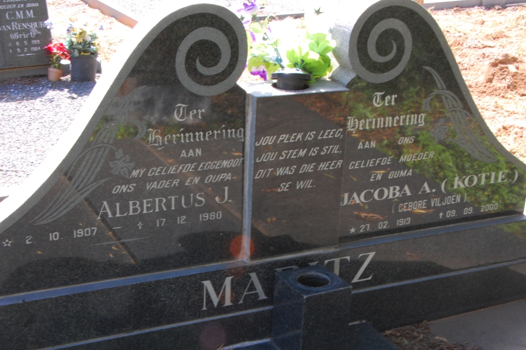 MARITZ Albertus J. 1907-1980 &amp; Jacoba A. VILJOEN 1913-2000