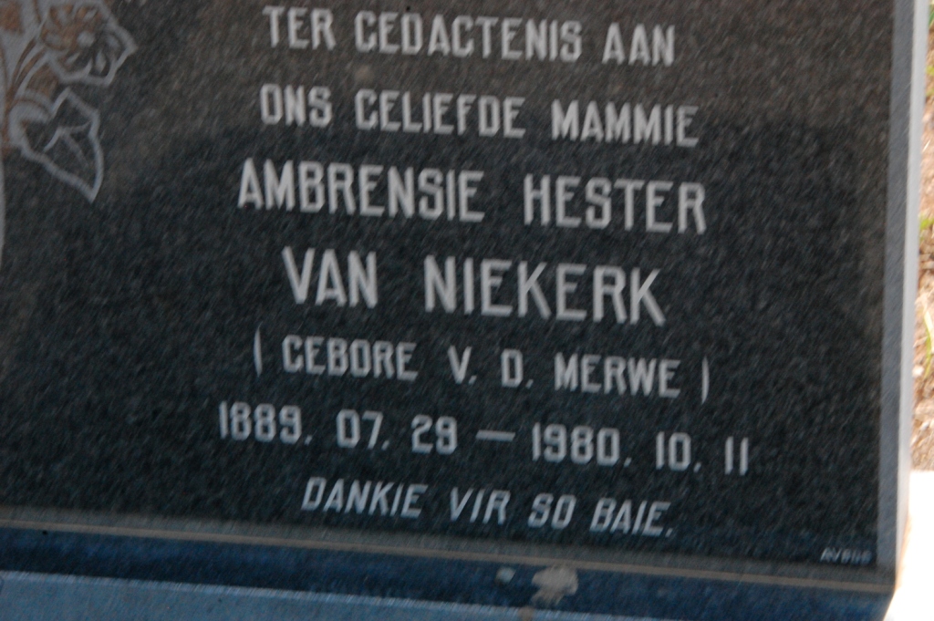 NIEKERK Ambrensie Hester, van nee VAN DER MERWE 1889-1980