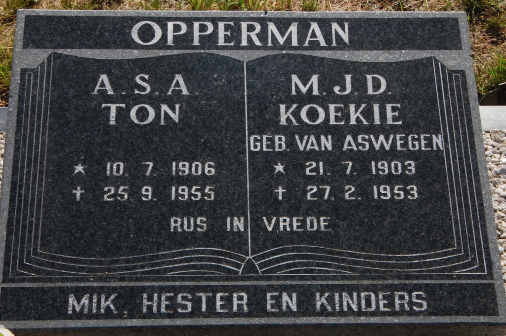 OPPERMAN A.S.A. 1906-1955 &amp; M.J.D.  VAN ASWEGEN 1903-1953