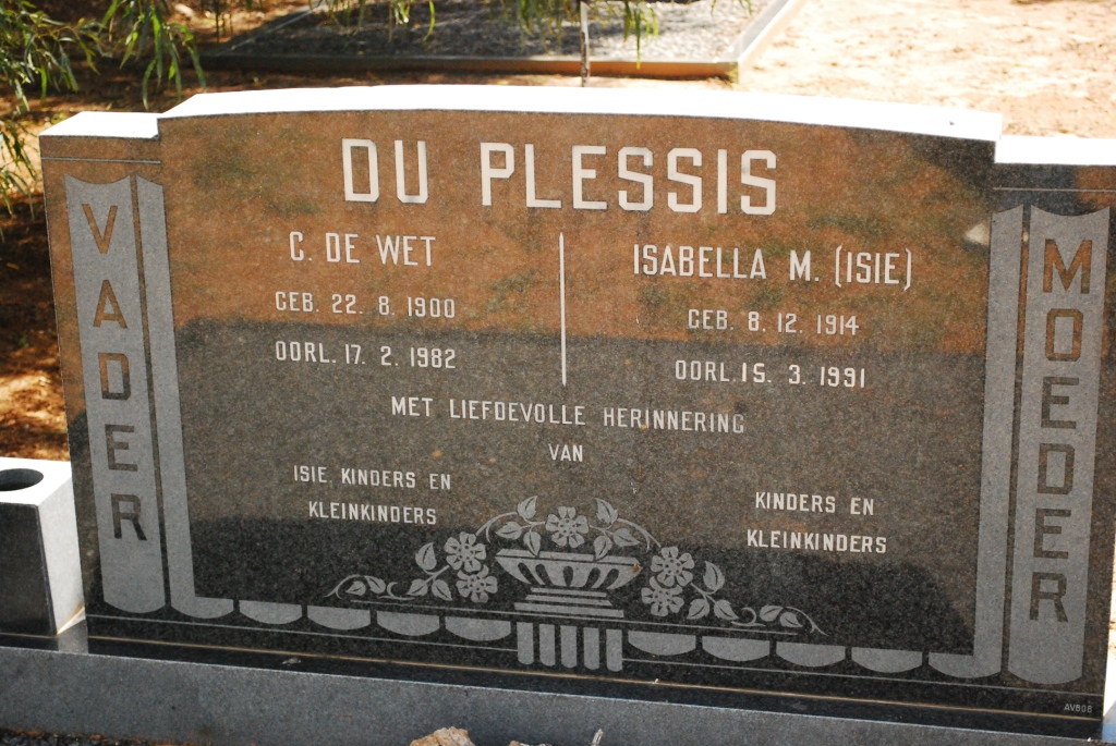 PLESSIS C. de Wet, du 1900-1982 &amp; Isabella M. 1914-1991