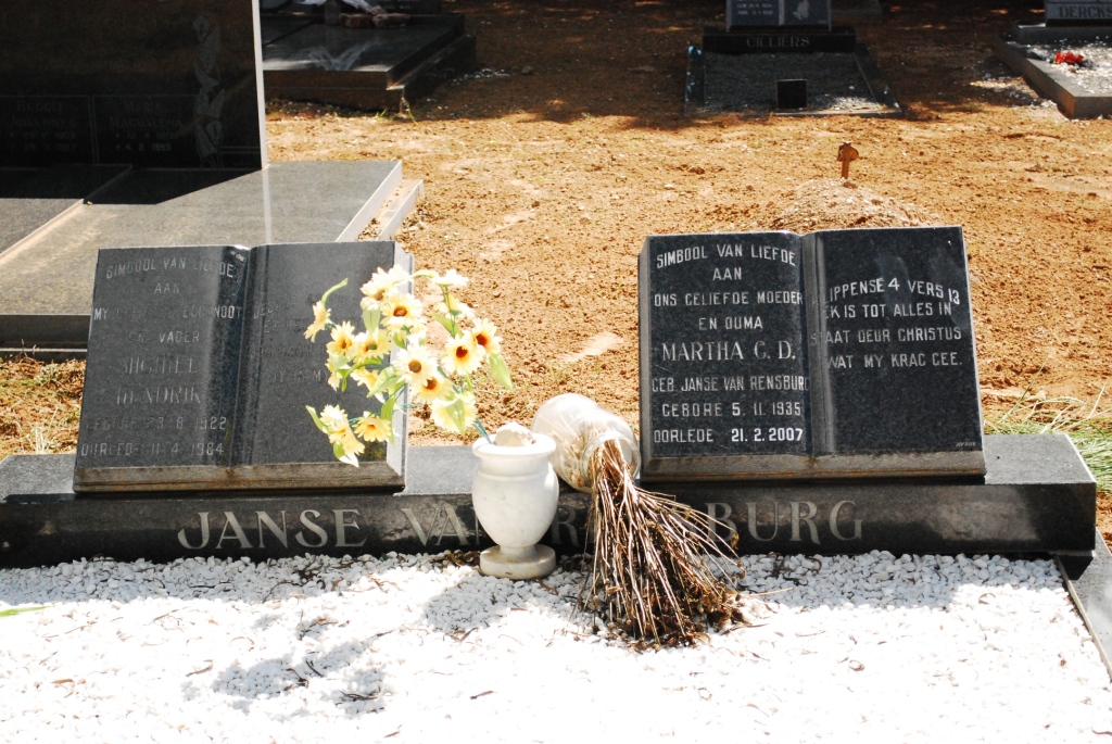 RENSBURG Michiel Hendrik, Janse van 1922-1984 &amp; Martha C.D. JANSE VAN RENSBURG 1935-2007