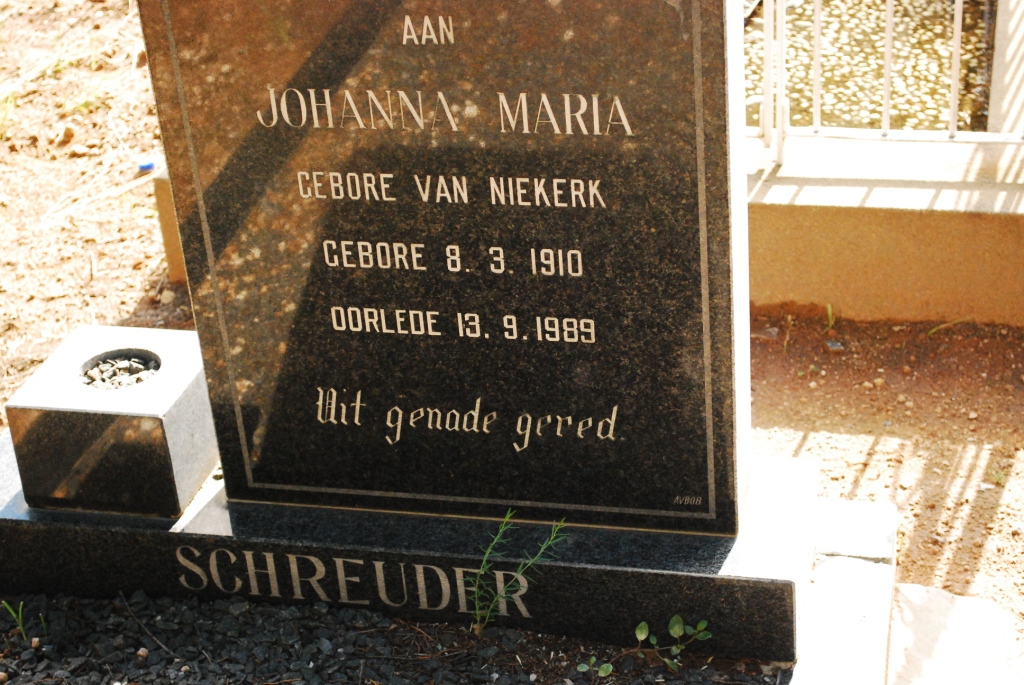 SCHREUDER Johanna Maria nee VAN NIEKERK 1910-1989
