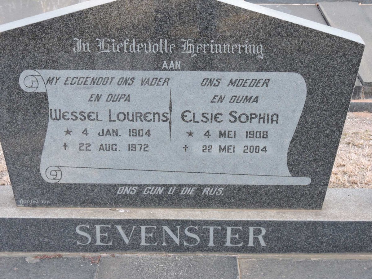 SEVENSTER Wessel Lourens 1904-1972 &amp; Elsie Sophia 1908-2004