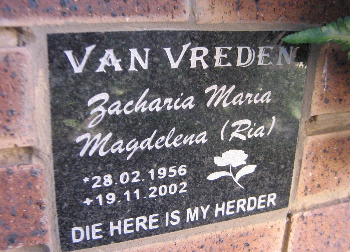 VREDEN Zacharia Maria Magdalena, van 1956-2002